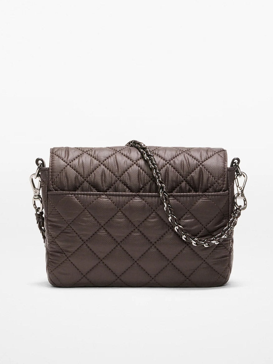The MZ Wallace Crosby Lock Small Crossbody in Espresso Oxford features a brown quilted design, chain strap, and flap closure, showcased on a white background—an elegant accessory for any occasion.