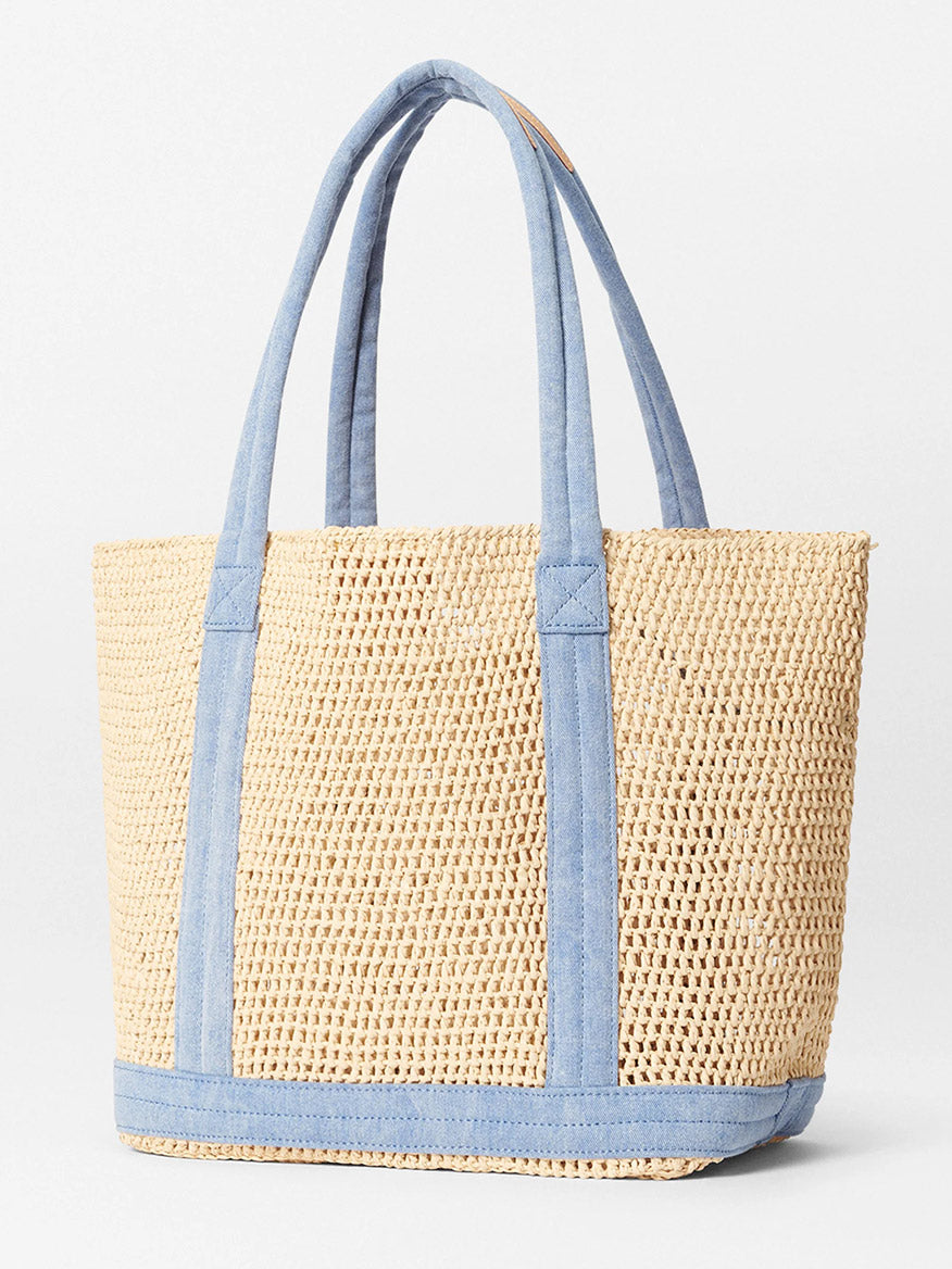 The MZ Wallace Medium Crochet Tote, featuring a crochet design with true light denim handles and trim, is photographed on a plain background.