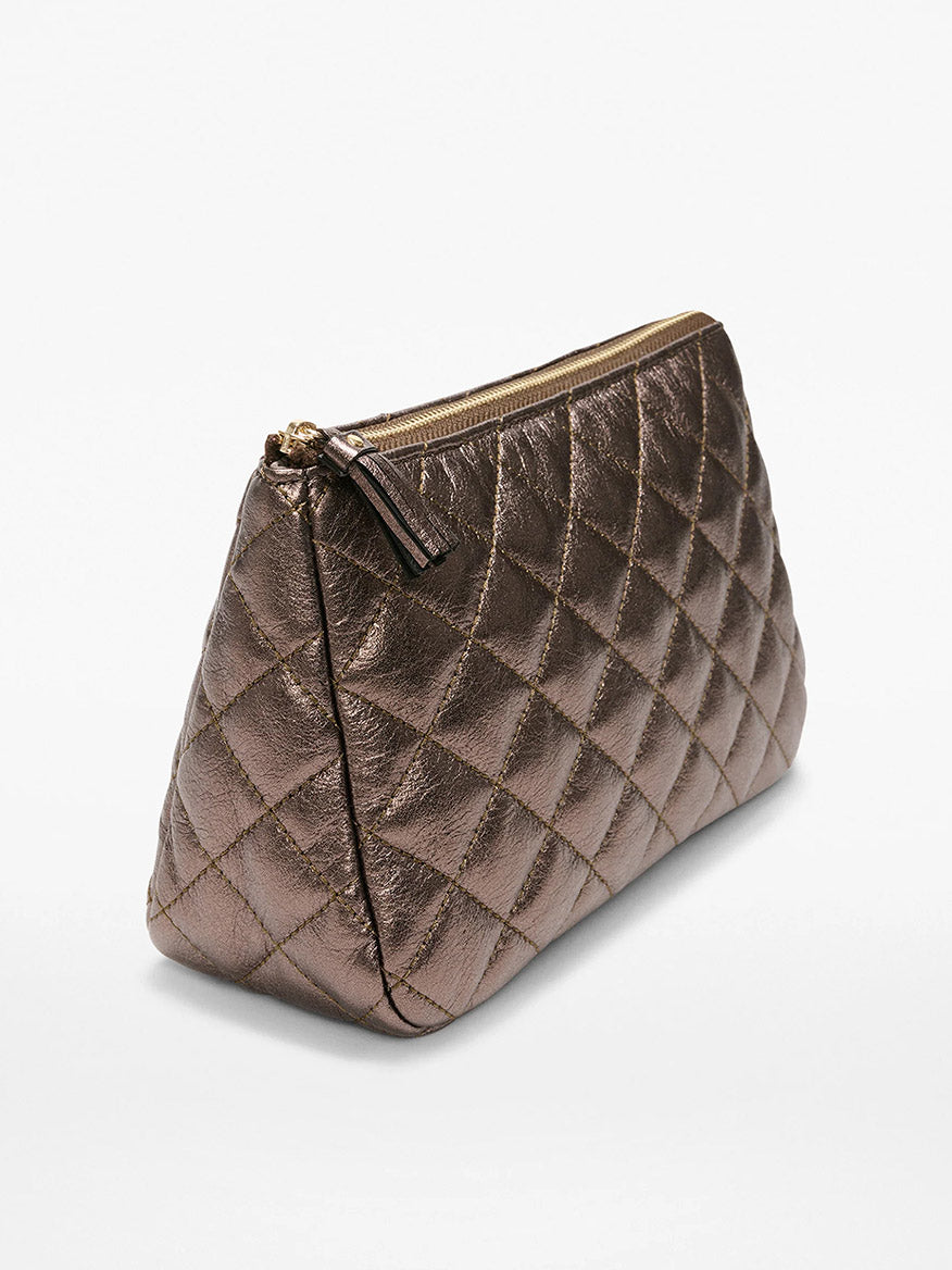 The MZ Wallace Medium Luna Cosmetic in Espresso Metallic Leather features a metallic quilted design, Italian leather trim, and a zip top closure, displayed against a plain white background.