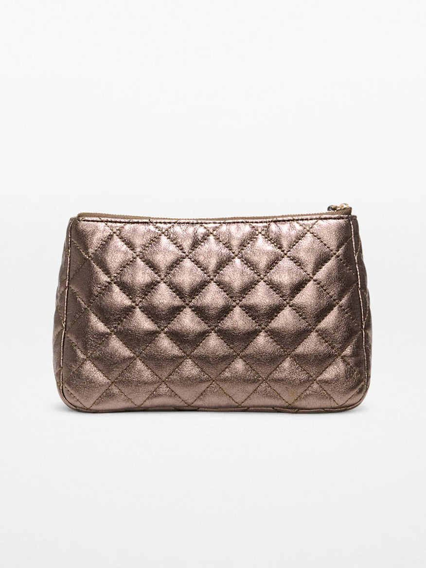 The MZ Wallace Medium Luna Cosmetic in Espresso Metallic Leather features a quilted metallic finish and zip top closure, shown against a plain white background.