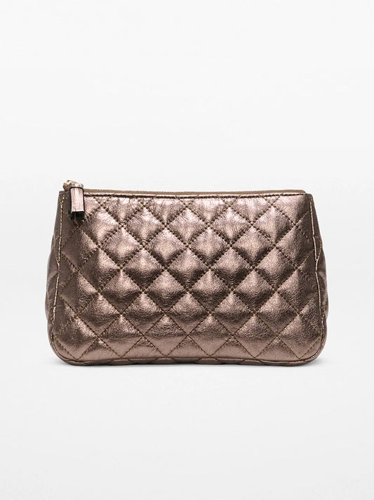 The MZ Wallace Medium Luna Cosmetic pouch in Espresso Metallic Leather features a quilted metallic bronze finish, Italian leather trim, and a zip top closure, shown against a plain white background.
