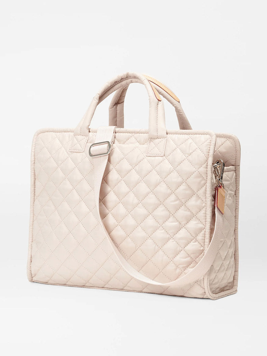 Quilted MZ Wallace Medium Box Tote in Mushroom Oxford with padded nylon handles and a side zipper pocket.