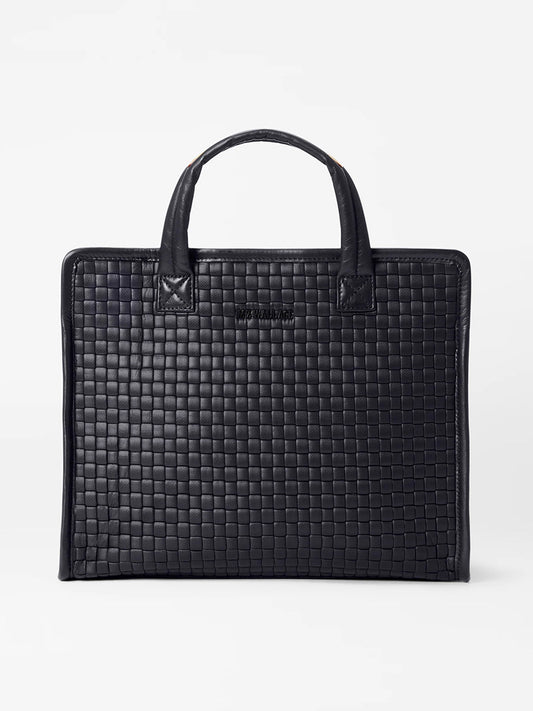 MZ Wallace Medium Woven Box Tote in Black Oxford with two handles standing against a white background.