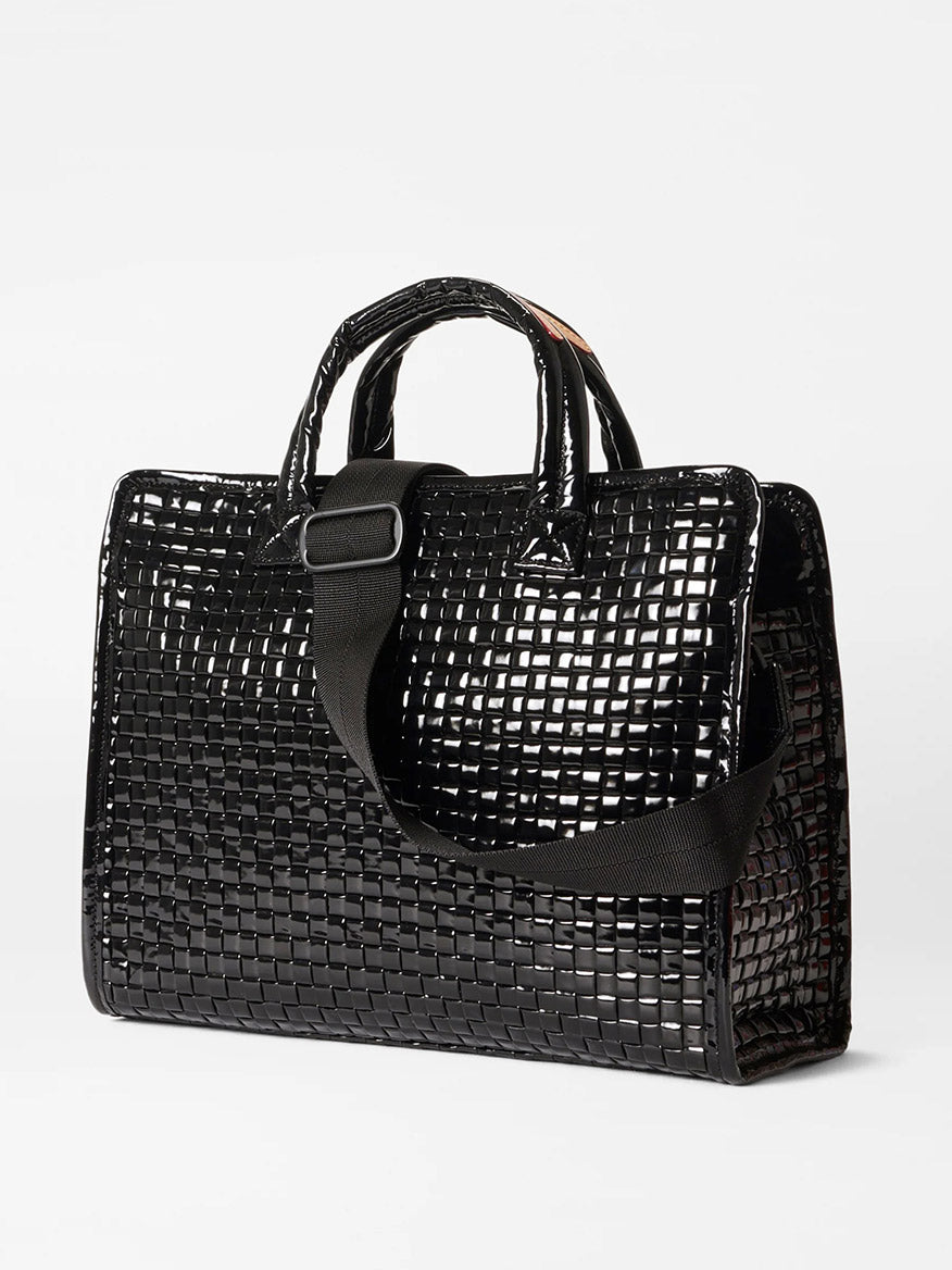 MZ Wallace Medium Woven Box Tote in Black Lacquer Oxford