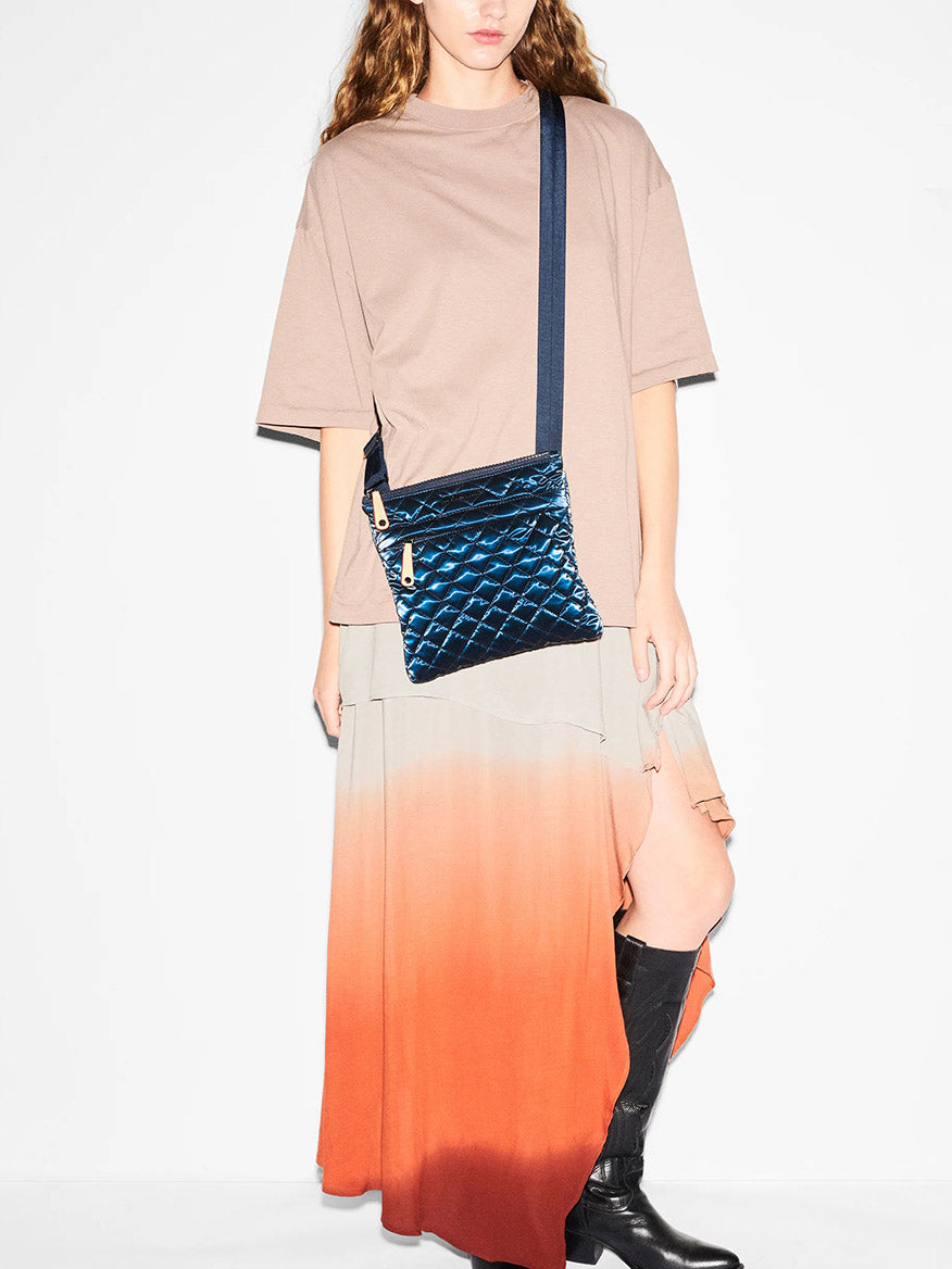 MZ Wallace Metro Flat Crossbody in Midnight Liquid Oxford