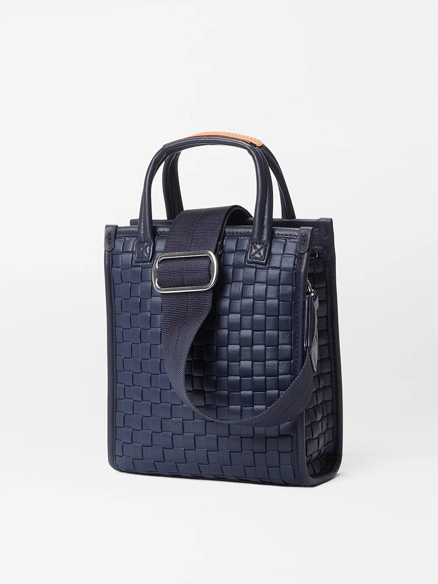 MZ Wallace Micro Woven Box Tote in Dawn Oxford handbag with Italian leather trim and top handle against a neutral background.