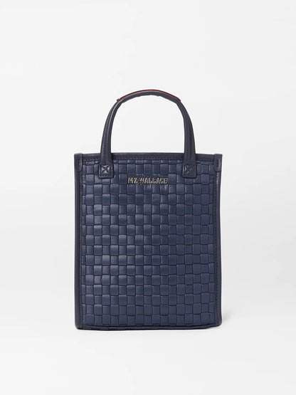 MZ Wallace Micro Woven Box Tote in Dawn Oxford with Italian leather handles displayed against a neutral background.