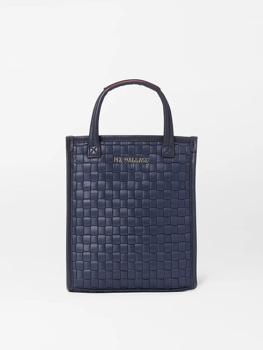 MZ Wallace Micro Woven Box Tote in Dawn Oxford with Italian leather handles displayed against a neutral background.