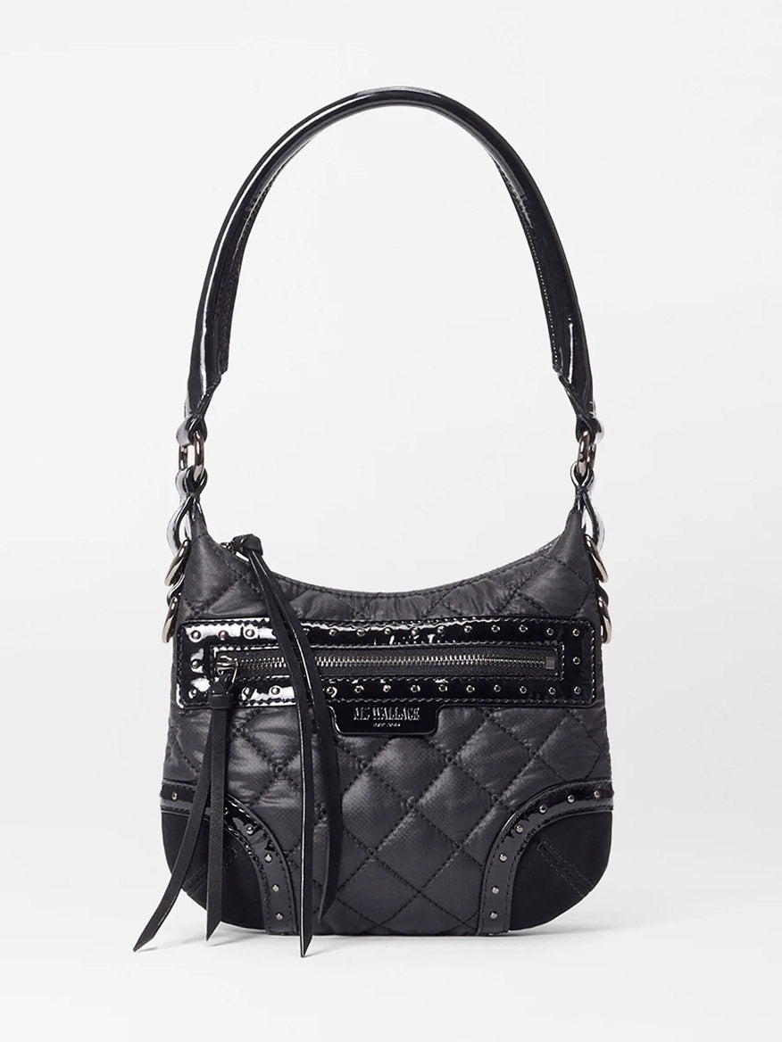 The MZ Wallace Mini Multi Stud Crosby Sienna in Black Stud & Suede is a black purse with a matching strap, crafted from durable Oxford fabric and suede, and features secure zip-top closure.