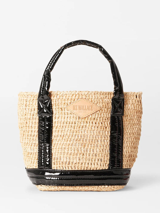 MZ Wallace Mini Raffia Tote with Italian leather trim and interior pocket, perfect for summer weekends.