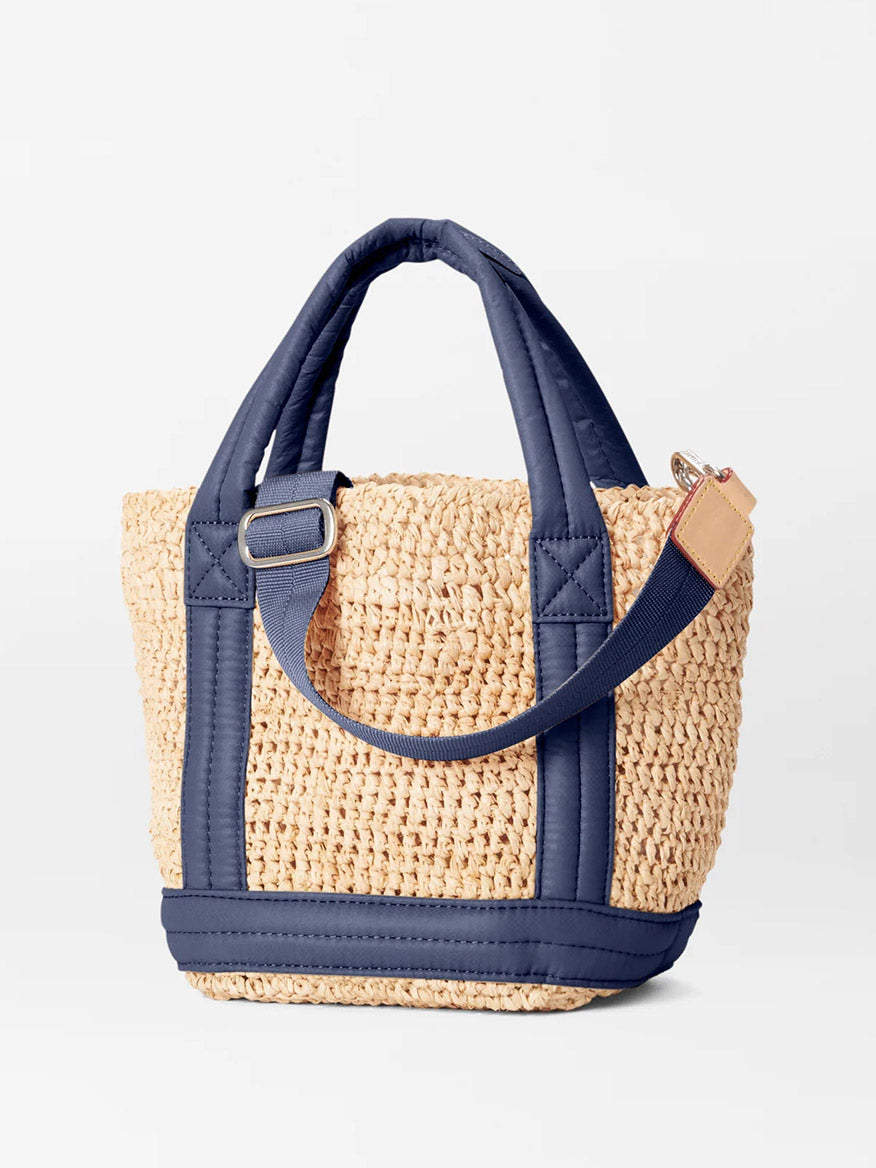 Woven MZ Wallace Mini Raffia Tote in Raffia/Navy with Italian leather trim.