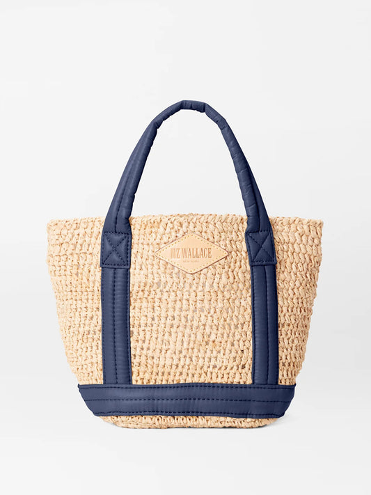 Woven MZ Wallace Mini Raffia Tote in Raffia/Navy with padded nylon handles and Italian leather trim.