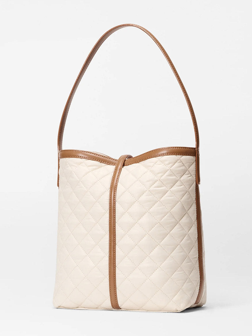 The MZ Wallace Small Astor Hobo in Sandshell Oxford with Brown features quilted nylon, Italian leather trim and handle, a minimalist structured design, and is displayed against a plain white background.