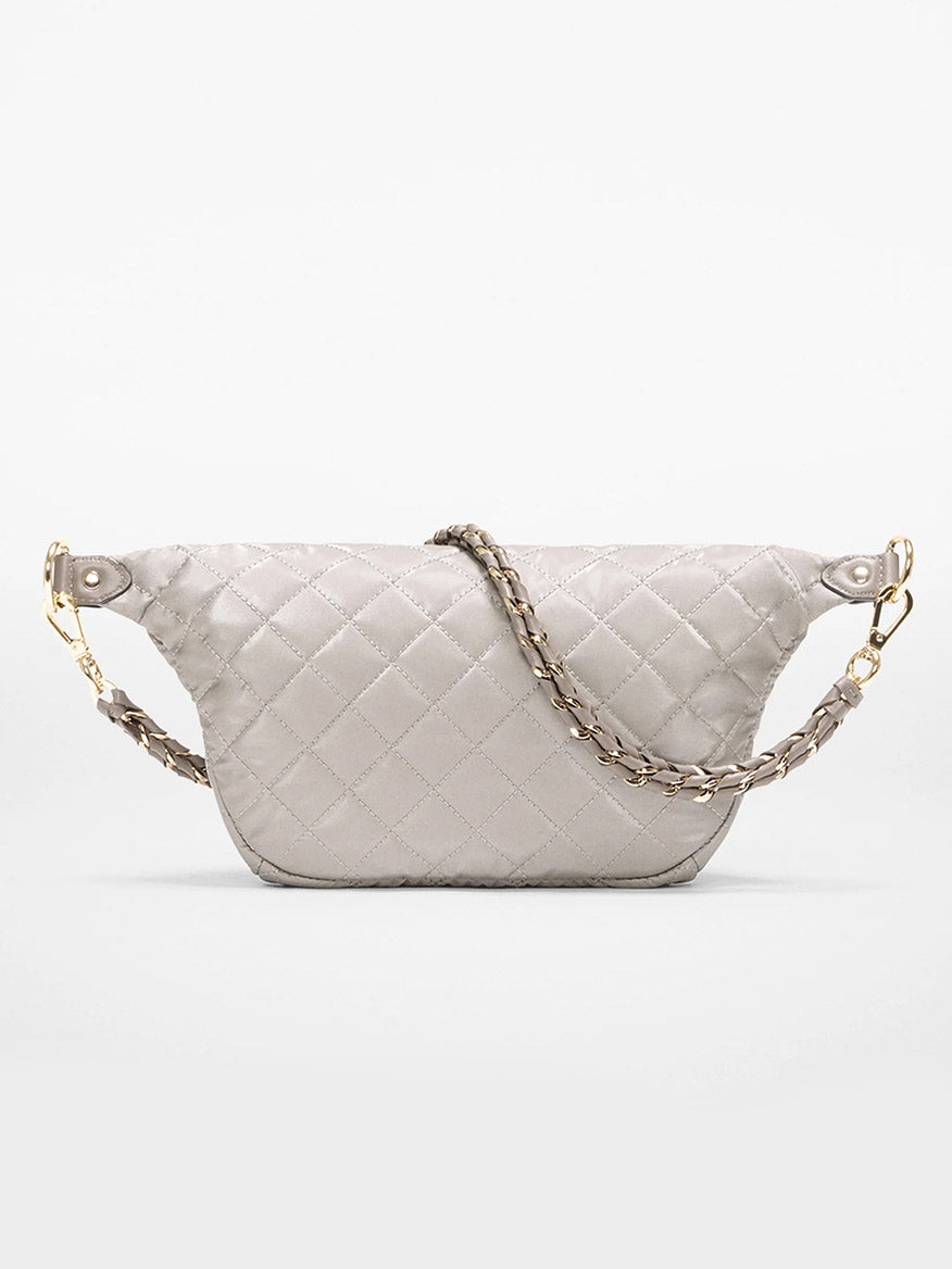 The MZ Wallace Small Crosby Sling Bag in Sable Pearl Metallic Oxford features a sleek quilted design with gold chain strap and hardware, shown against a white background—perfect for a chic crossbody style.