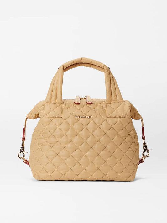 Beige quilted MZ Wallace Small Sutton Deluxe in Camel Oxford tote bag with nylon handles and detachable crossbody strap.