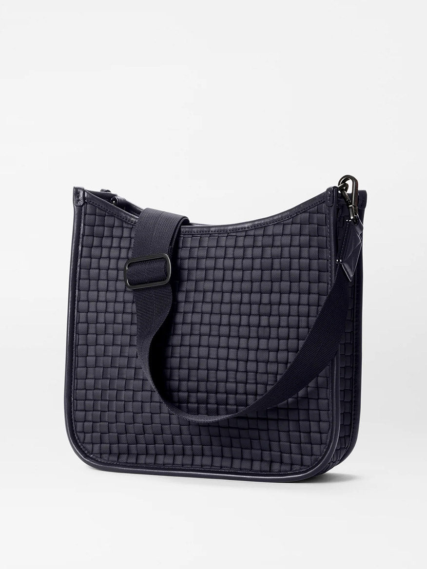 MZ Wallace Woven Box Crossbody in Black Oxford with Italian leather trim on a white background.