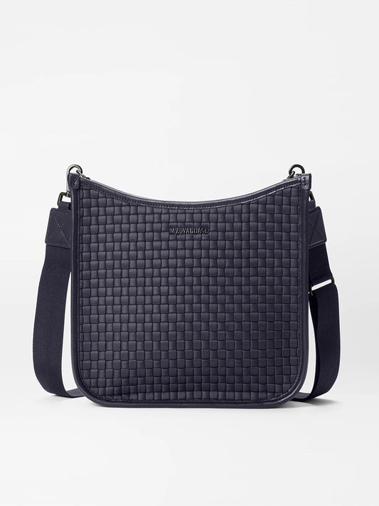 Black MZ Wallace Woven Box Crossbody in Black Oxford with Italian leather trim against a neutral background.