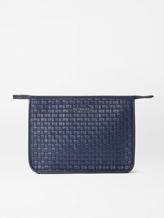 Dawn Oxford handwoven leather clutch bag with Italian leather trim on a white background.