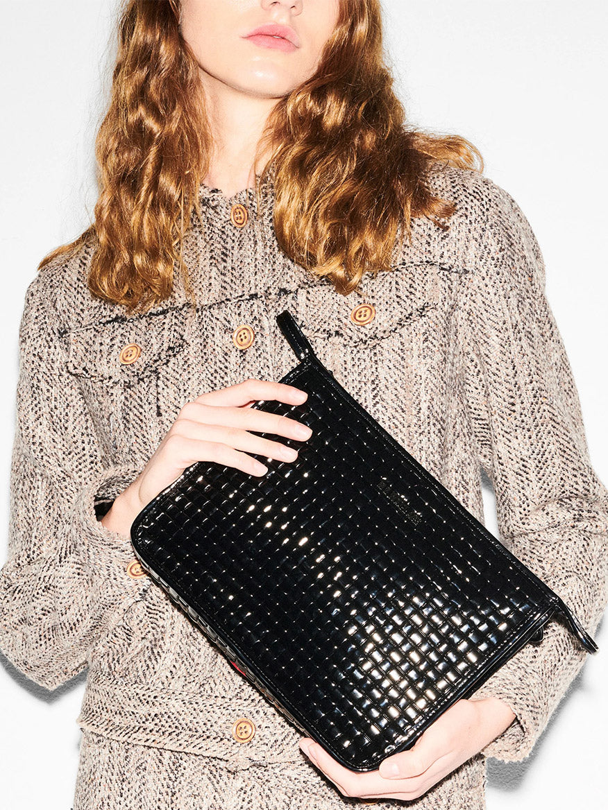 MZ Wallace Woven Metro Clutch in Black Lacquer Oxford