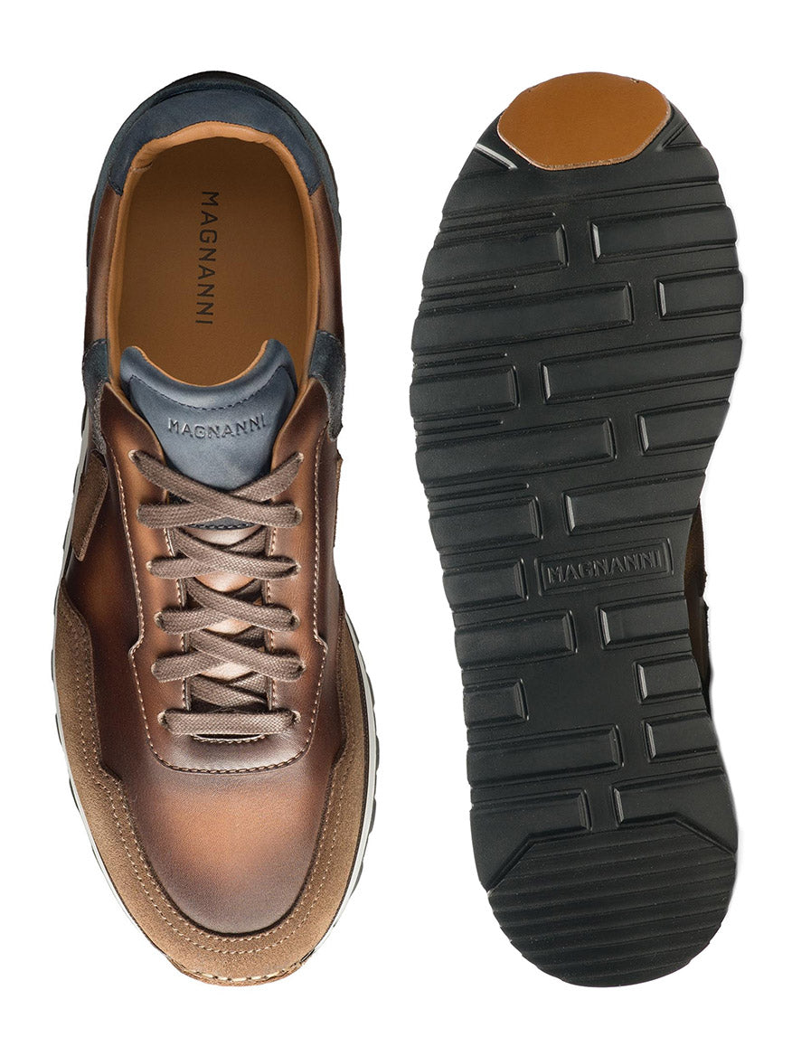 A pair of Magnanni Aero sneakers in Navy/Brown from the retro runner collection.