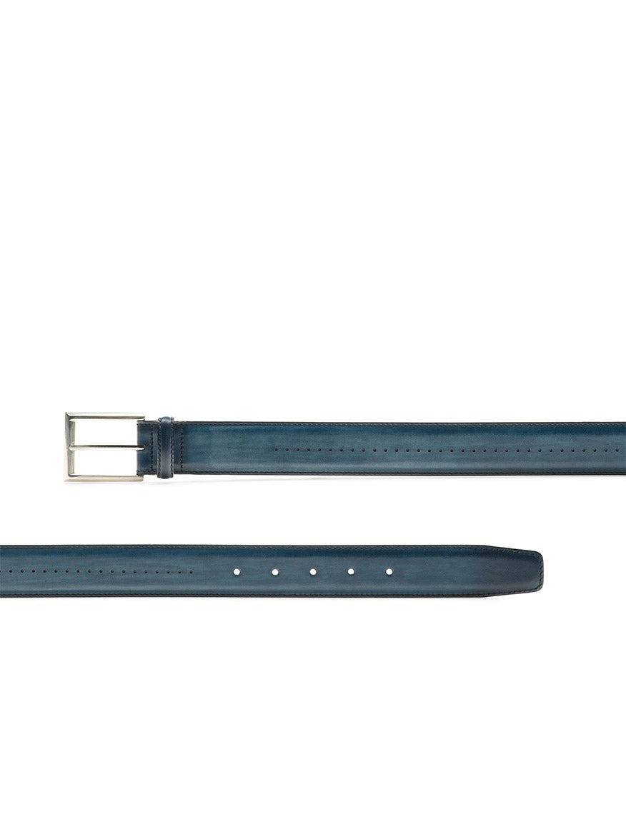 The Magnanni Anza Belt in Navy is displayed laid flat, featuring a silver rectangular buckle, multiple holes, and a smooth calfskin leather texture.