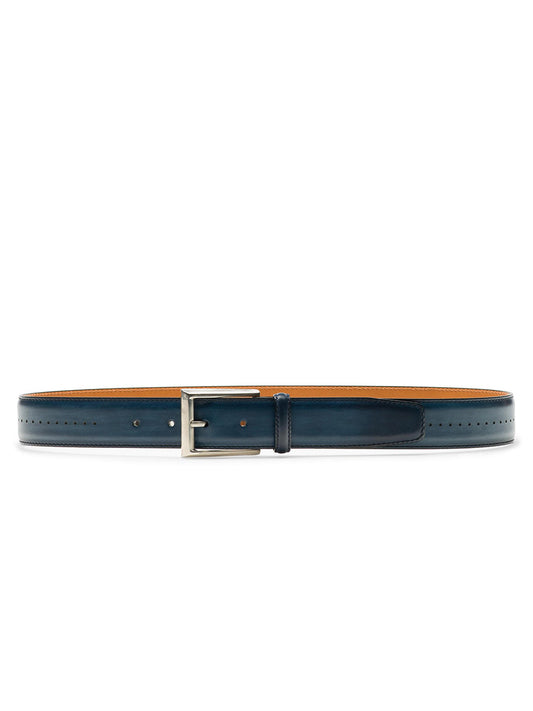 The Magnanni Anza Belt in Navy, crafted from calfskin leather with a silver buckle, is displayed against a white background.