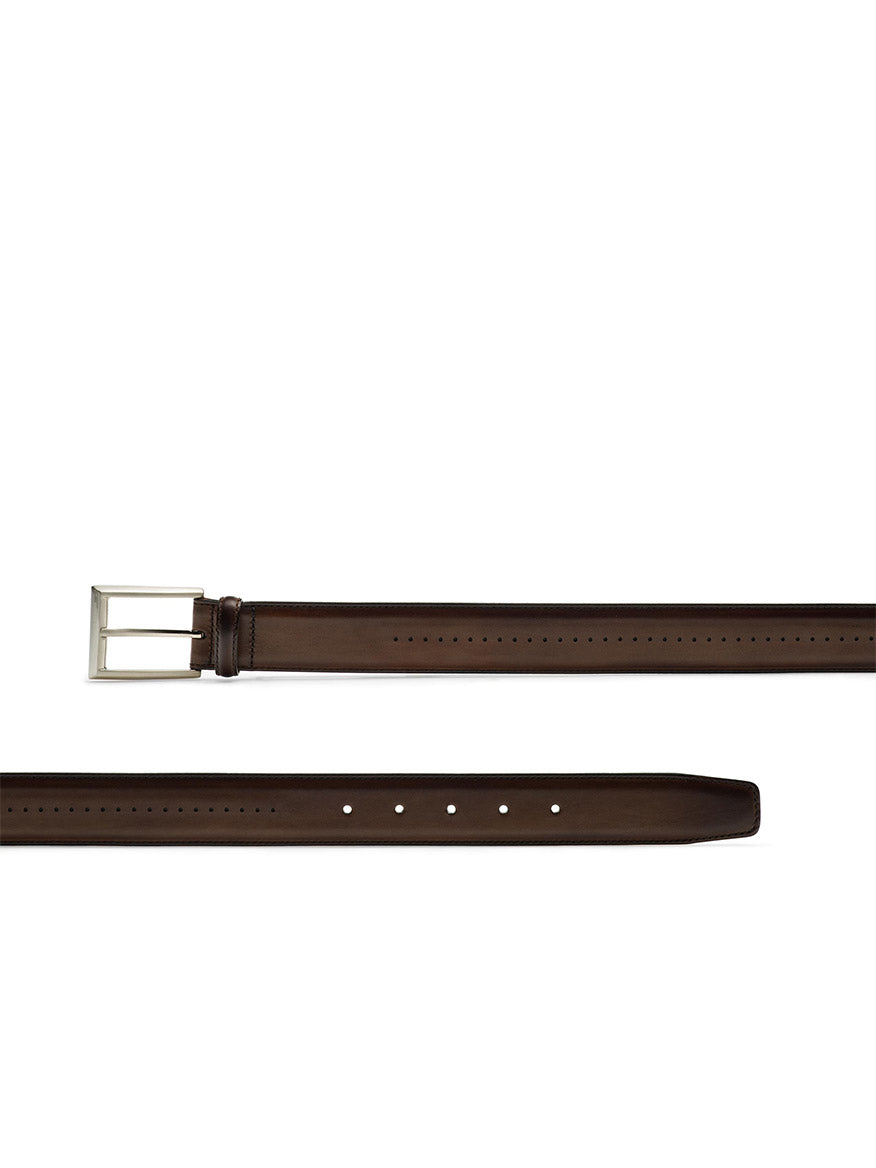Magnanni Anza Belt in Tabaco with a brushed nickel buckle, shown laid flat. The belt features multiple holes for size adjustment.