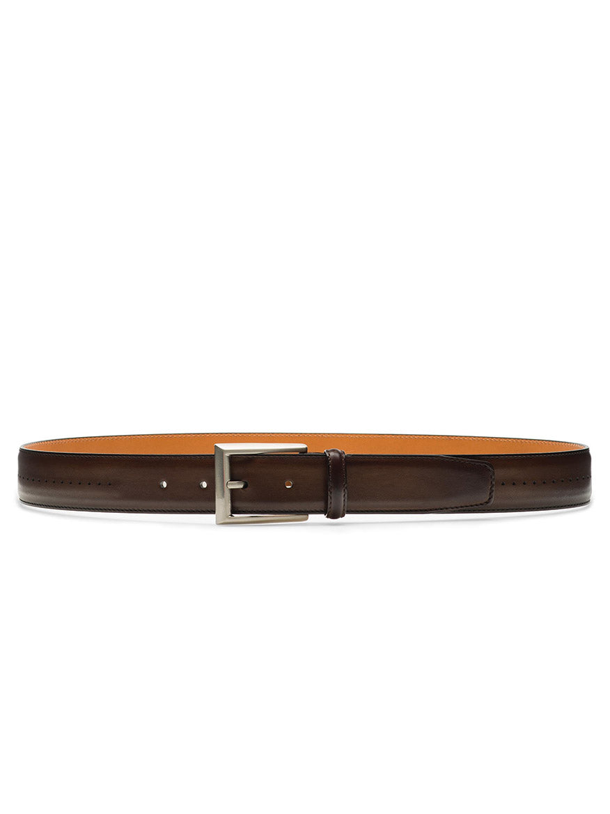 A Magnanni Anza Belt in Tabaco, featuring a subtle perforated design, laid flat on a white background.