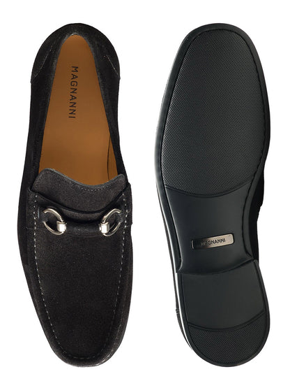 A pair of Magnanni Blas II in Black Suede with a moccasin toe design and a cushioned rubber sole.