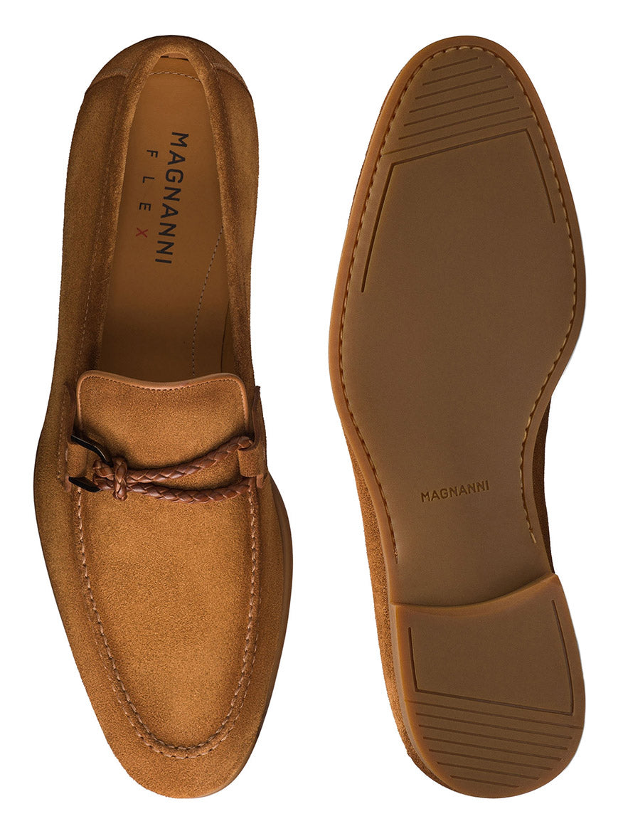 A pair of Magnanni Destin in Segale Suede loafers, crafted in Spain, is displayed from top and bottom angles to showcase the braided strap detail and modern rubber sole.