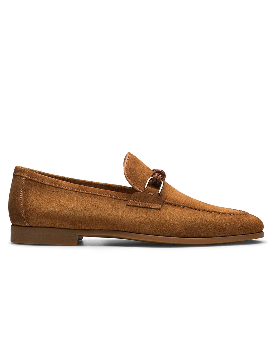 The Magnanni Destin in Segale Suede is a contemporary brown suede loafer made in Spain, featuring a low heel and braided leather detail on top, shown in profile against a white background.