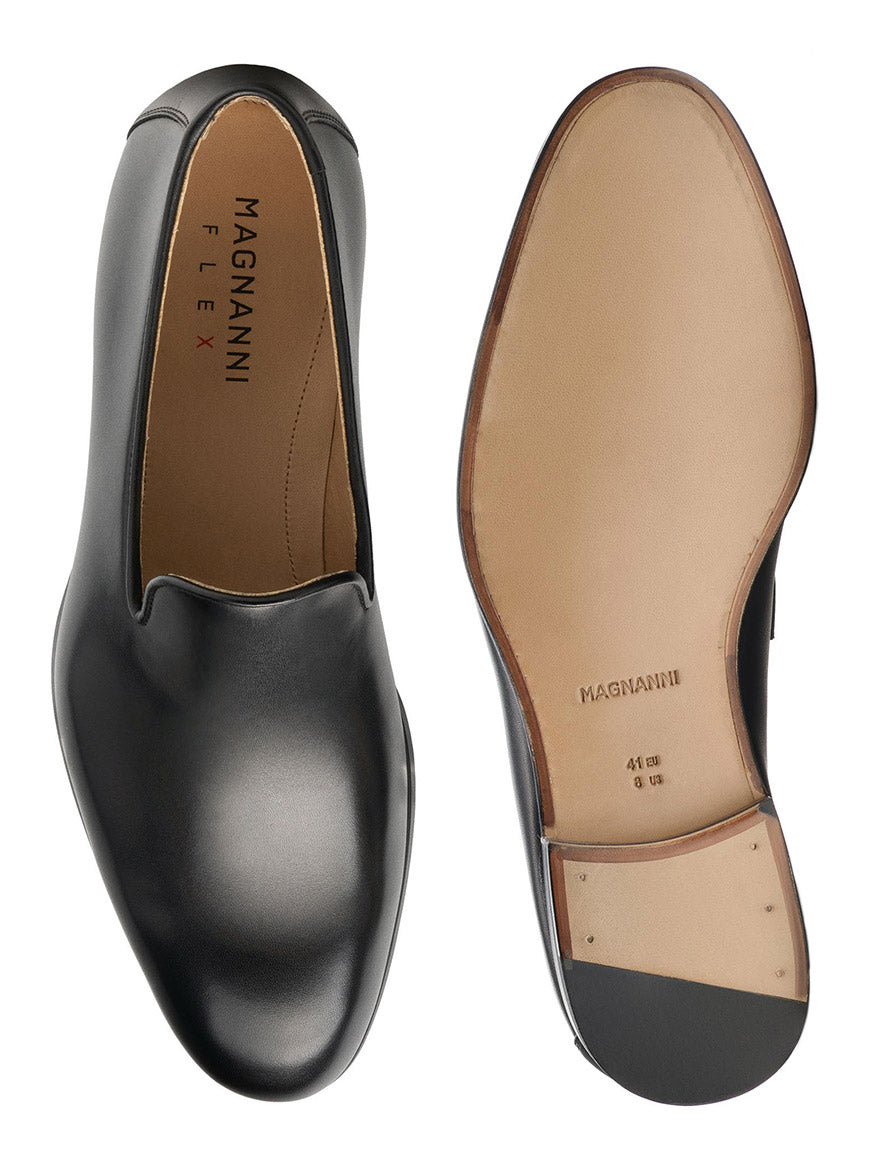 The Magnanni Diaz in Black, crafted from Flex calfskin leather in Spain, is displayed from top and bottom angles to showcase its elegant upper design and expertly crafted sole.