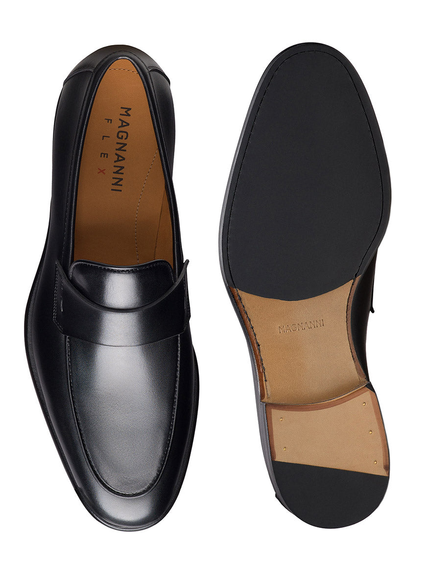 The Magnanni Duerro in Black is a sleek black leather loafer, shown from top and sole views, featuring a smooth finish that elevates any luxury men's shoe collection.
