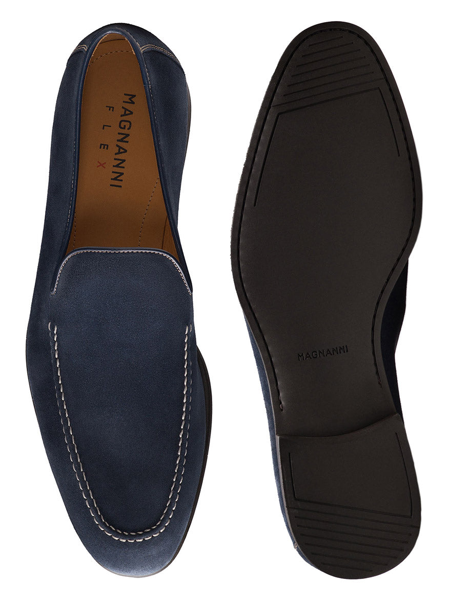 The Magnanni Lecera II in Navy Suede, crafted in Spain, features a leather upper with white contrast stitching, a rubber sole, and is shown from the top and bottom.