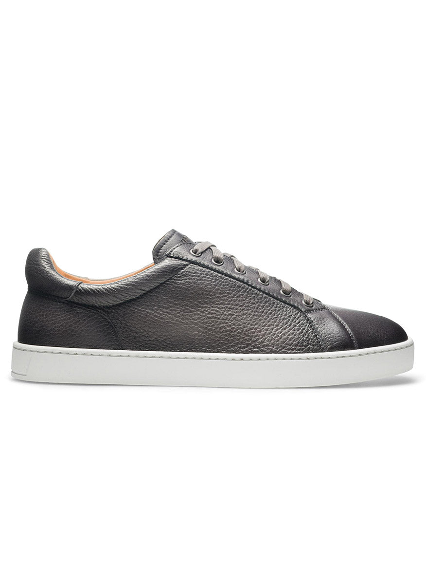 Grey tumbled deerskin leather low-top sneaker with white sole.