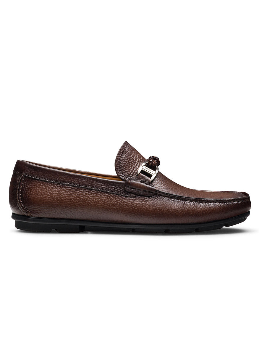 Magnanni Monterey Braid Bit loafer in tumbled brown leather, featuring a braided buckle detail and durable rubber sole, side view.