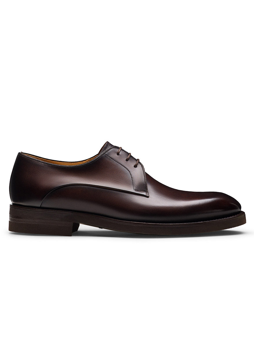 The Magnanni Omero in Brown is a men's single dark brown leather plain toe derby shoe with laces, a low heel, and smooth finish, shown from the side against a white background.