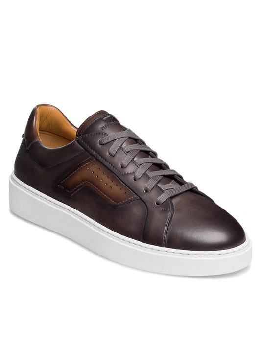 Grey/Brown leather sneaker with white sole and wing-inspired leather accents.