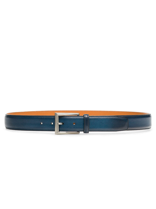 The Magnanni Rocas Belt in Navy features tumbled calfskin leather and a silver rectangular buckle, ideal for both dress and casual wear. Shown laid flat on a white background. Made in Spain.
