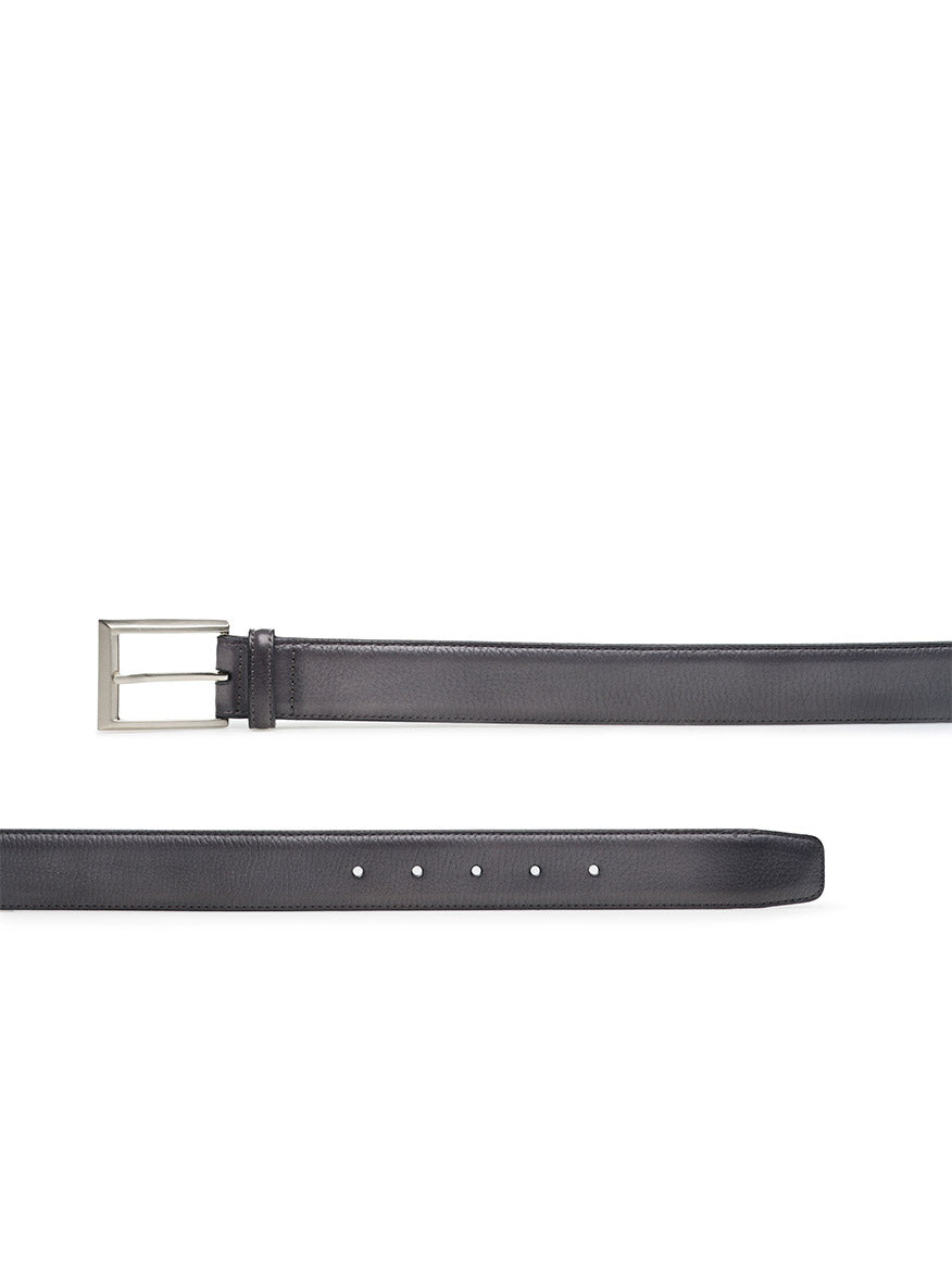 The Magnanni Rocas Belt in Gray, crafted from premium leather with a rectangular silver buckle and multiple adjustment holes, is displayed laid flat on a white background.
