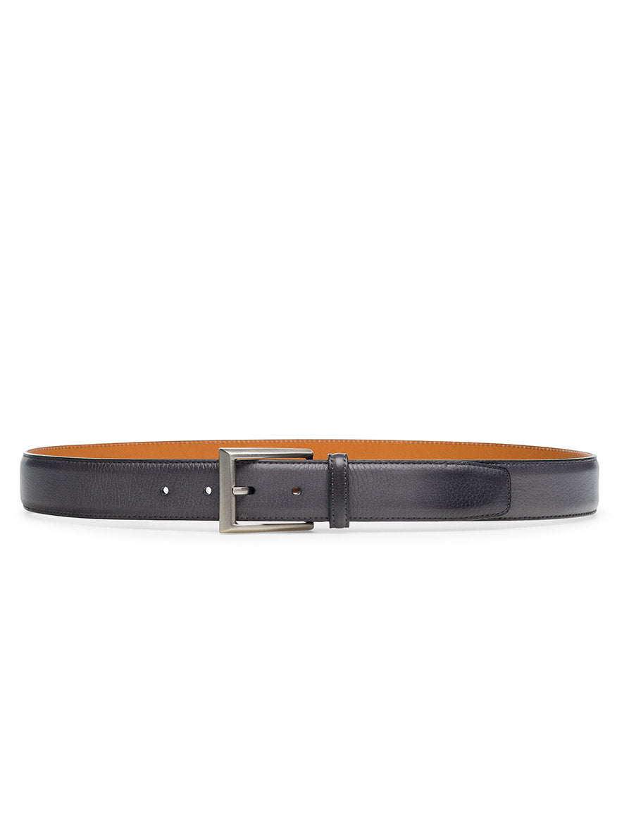 A gray Magnanni Rocas men's belt crafted from premium calfskin leather, featuring a sleek silver rectangular buckle and displayed flat against a white background.