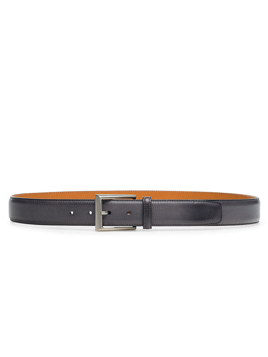 A gray Magnanni Rocas men's belt crafted from premium calfskin leather, featuring a sleek silver rectangular buckle and displayed flat against a white background.