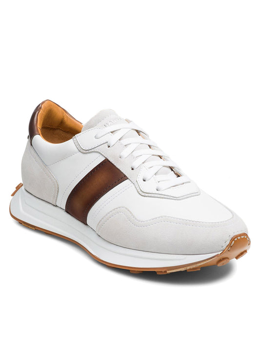 A Magnanni Romero II in White/Brown, featuring sophisticated sport sneaker vibes, brown accents, white laces, and a mixed media upper with a white sole showcasing a brown bottom edge.