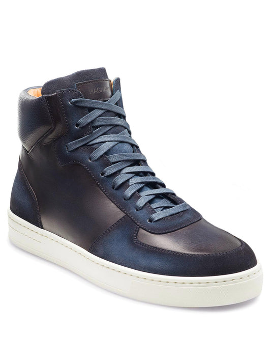 A single Magnanni Rubio in Navy high-top sneaker made from calfskin leathers, with an Ottawa sole and laced up.