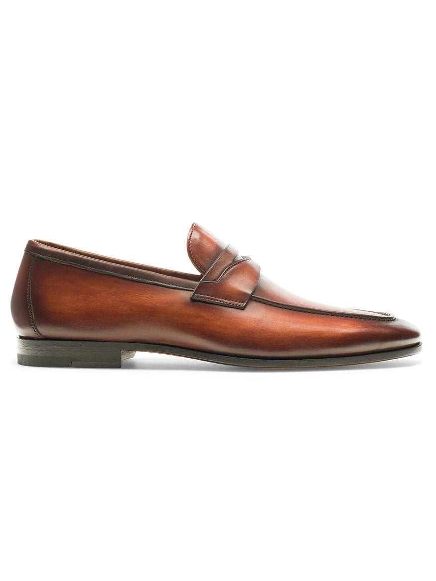 A Magnanni Sasso in Cognac men's penny loafer with Bologna construction.