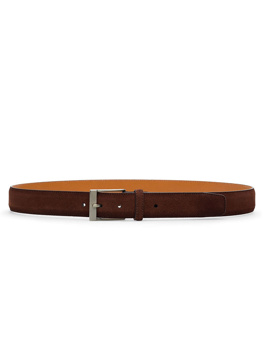 Magnanni Telante Belt in Castagna Brik suede with a silver rectangular buckle, shown against a white background.