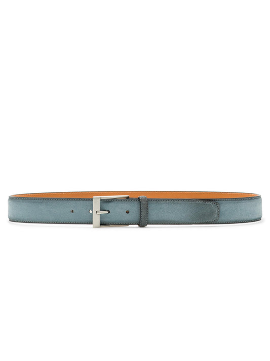 The Magnanni Telante Belt in Sky Blue Suede features a supple suede leather construction and a silver buckle, shown from the front against a white background.