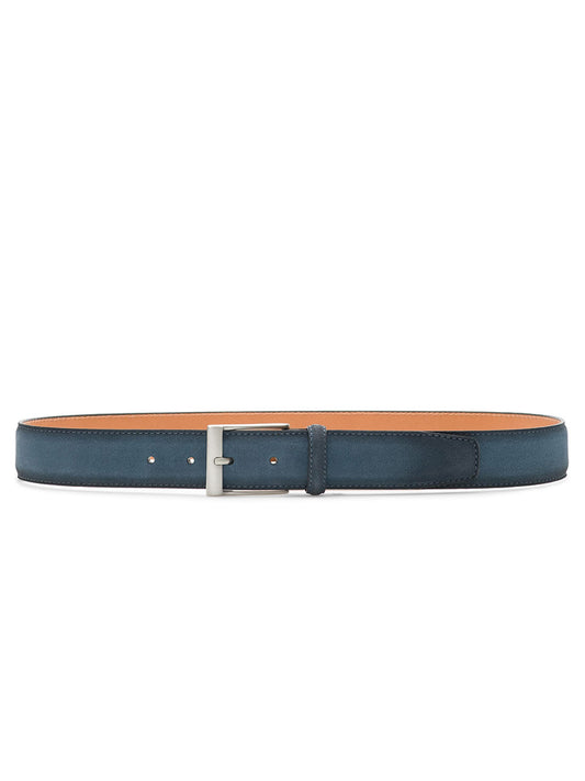 The Magnanni Telante Belt in indigo suede features a silver buckle and is displayed flat on a white background.