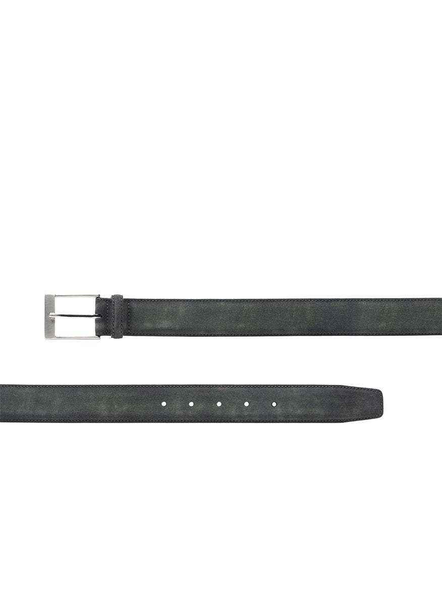 The Magnanni Telante Belt in Musgo Suede is crafted from black suede leather, featuring a silver rectangular buckle and multiple adjustment holes for a perfect fit.