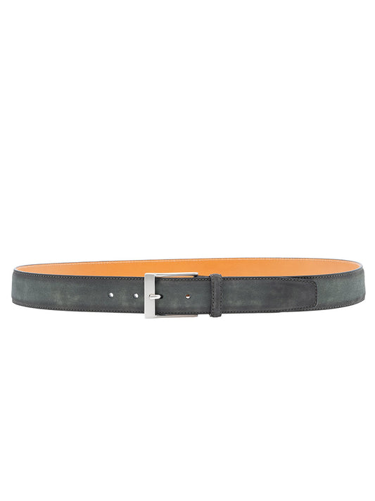 The Magnanni Telante Belt in Musgo Suede is a green men's suede belt with a centered silver rectangular buckle, shown lying flat.